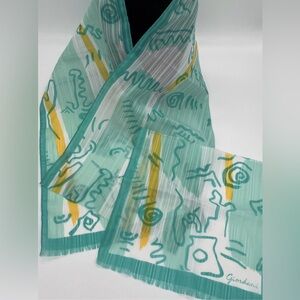 Giordani Long Scarf And Handkerchief Set Teal Aqua White Yellow Abstract Art
